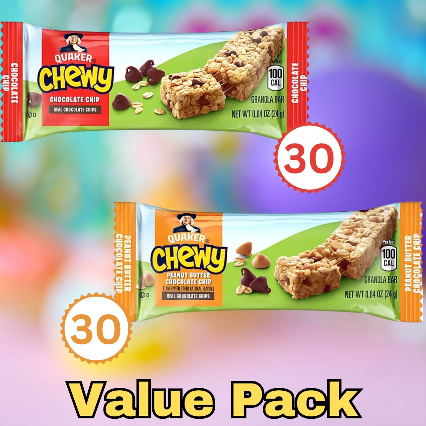Lyfno Quaker Chewy Granola Bars Variety Pack, Chocolate Chip & Peanut Butter, 60 Count, Healthy Snack for mature-themeds