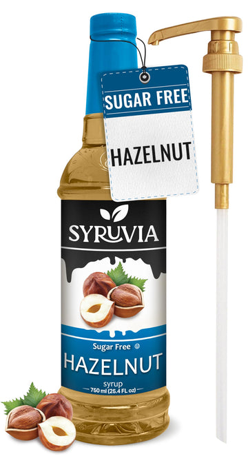Syruvia Sugar Free Hazelnut Syrup With Syrup Pump Dispenser - Hazelnut Coffee Syrup Flavor, 25.4 fl oz, Kosher, Gluten Free, Per