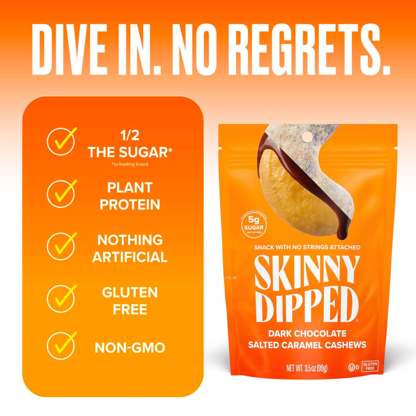 SkinnyDipped Salted Caramel Cashews, Healthy Snack, Plant Protein, Gluten Free, 3.5oz Resealable Bags, Pack of 5