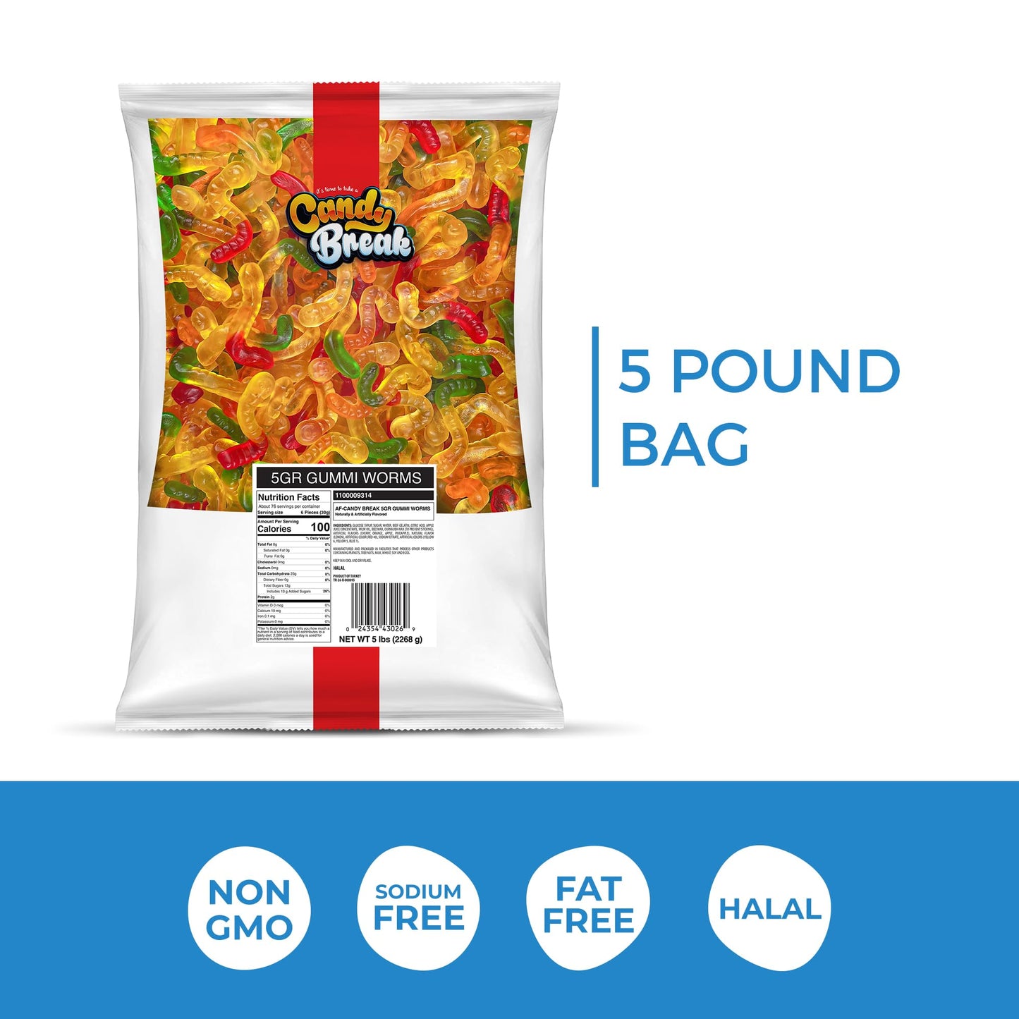Candy Break Fruity & Sweet Gummy Worms 5 Lbs Share Size Bag - Chewy Gummy Bulk Candy Pack - Snacks For Kids & Grown Ups