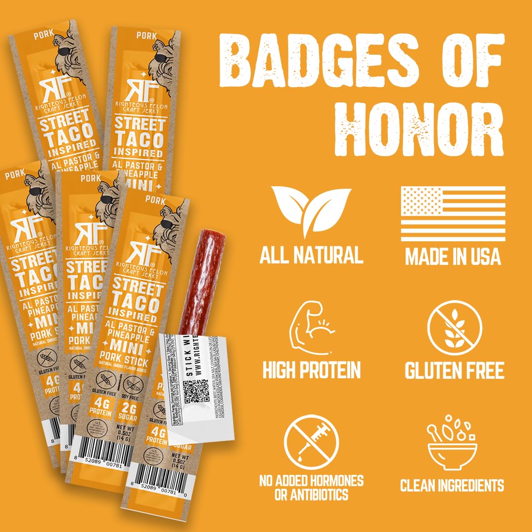 Righteous Felon Meat Sticks Minis | 100% Pork Sticks | Gluten Free Meat Sticks | Low Sugar & High Protein Pork Sticks | Healthy Snacks For Kids & Mature-Themeds | Jerky Gifts For Men | Street Taco, 24 Ct