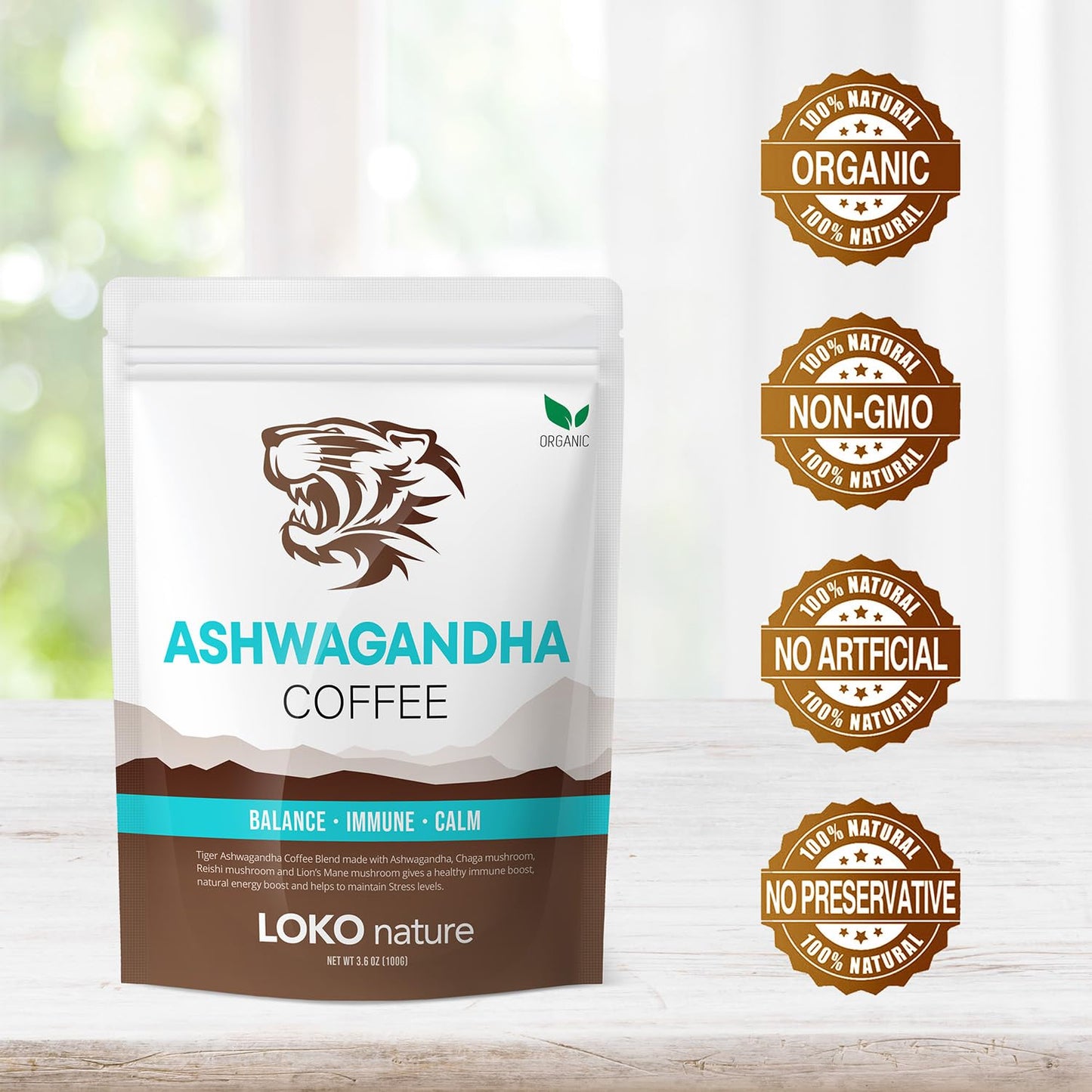 LOKO nature Tiger Ashwagandha Instant Mushroom Coffee - 30 Servings with Reishi, Chaga & Lion's Mane | Vegan, Gluten-Free, Immune Booster