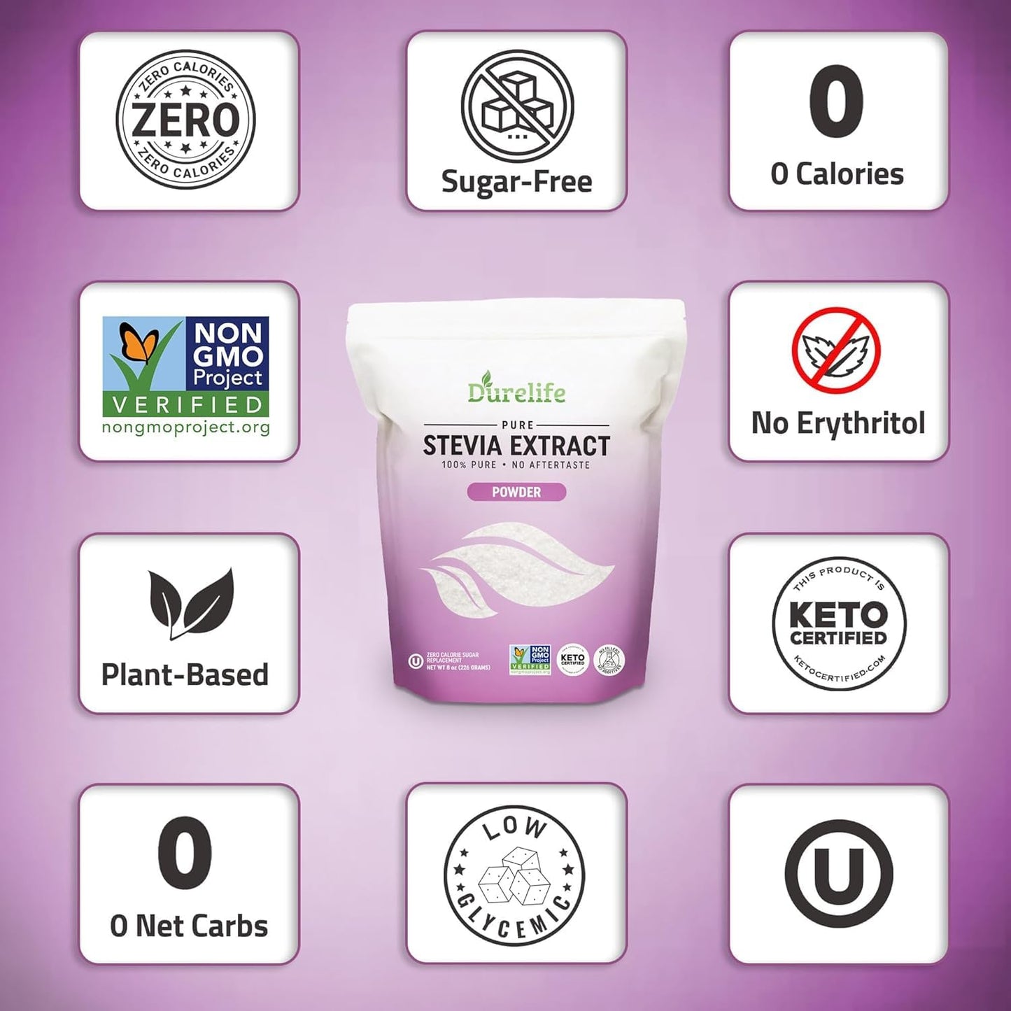 Durelife 100% Pure stevia extract sweetener | No Erythritol  NON-GMO Project Verified  No Fillers  Zero Calorie Sugar Substitute | No Aftertaste | Micro-Spoon Included (16 Ounce (Pack of 1))