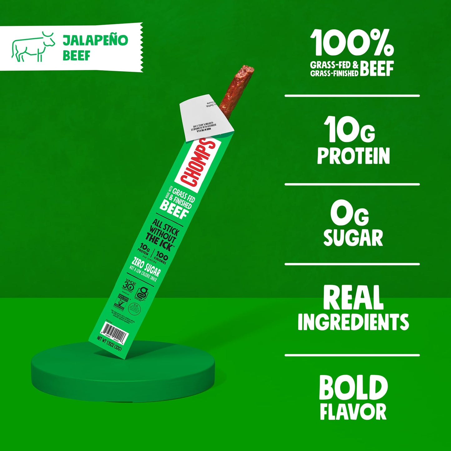 Chomps Jalapeño Beef Jerky Snack Sticks, 10-Pack, 1.15 oz each, Gluten-Free, Zero Sugar, Non-GMO, Keto, Paleo, Whole30