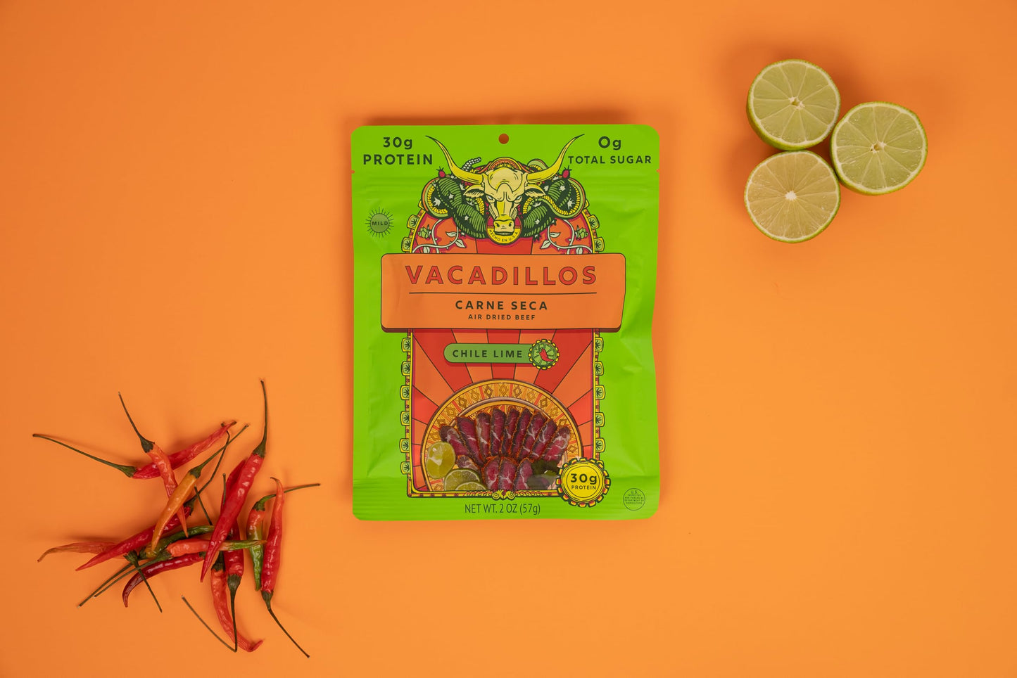 Vacadillos High Protein Beef Jerky - Chile Lime, Sugar Free, Gluten Free, Keto Friendly, 2 Ounce (Pack of 4)