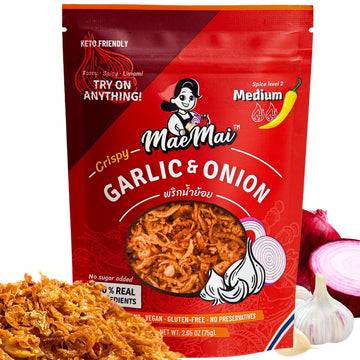 MaeMai Medium Spice (SPICY) - Crispy Onions & Garlic Flakes - Crunchy All-Purpose Seasoning, Keto, Salad Toppings, Fried Onions 