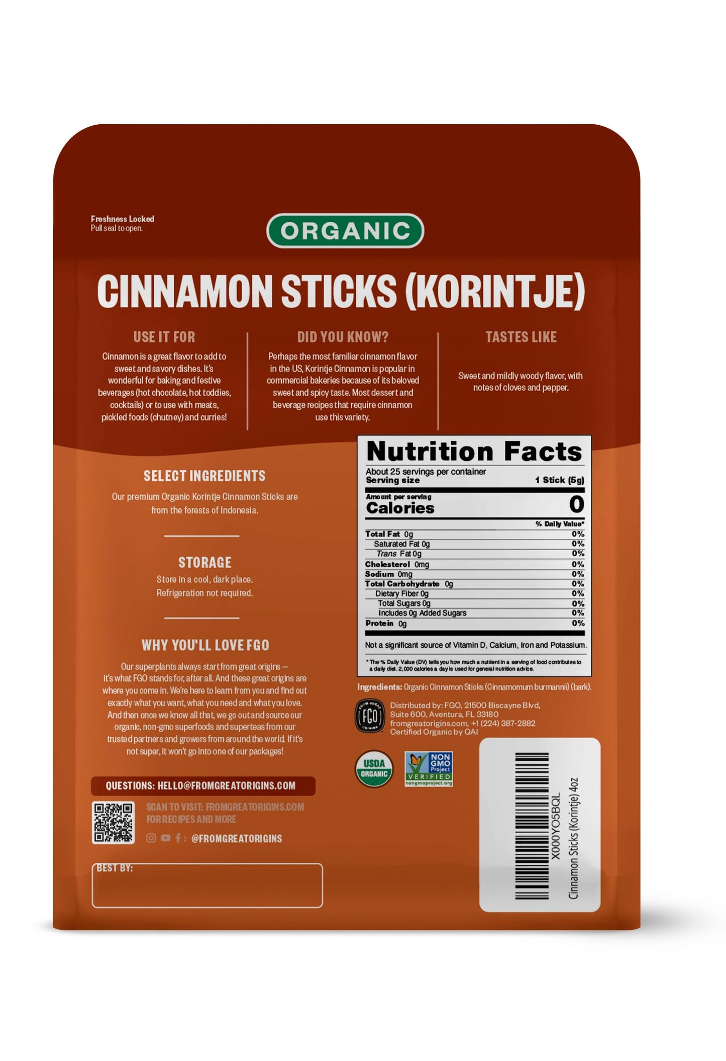 FGO Organic Korintje Cinnamon Sticks, 100% Raw from Indonesia, 25+ Sticks 2 3/4'', Packaging May Vary (Pack of 1)