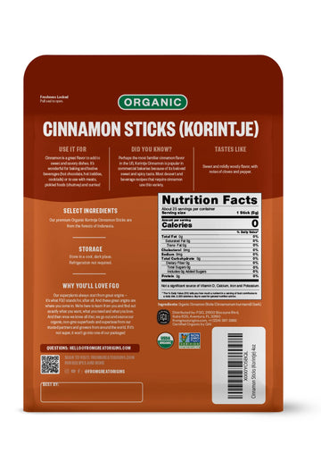 FGO Organic Korintje Cinnamon Sticks, 100% Raw from Indonesia, 25+ Sticks 2 3/4'', Packaging May Vary (Pack of 1)
