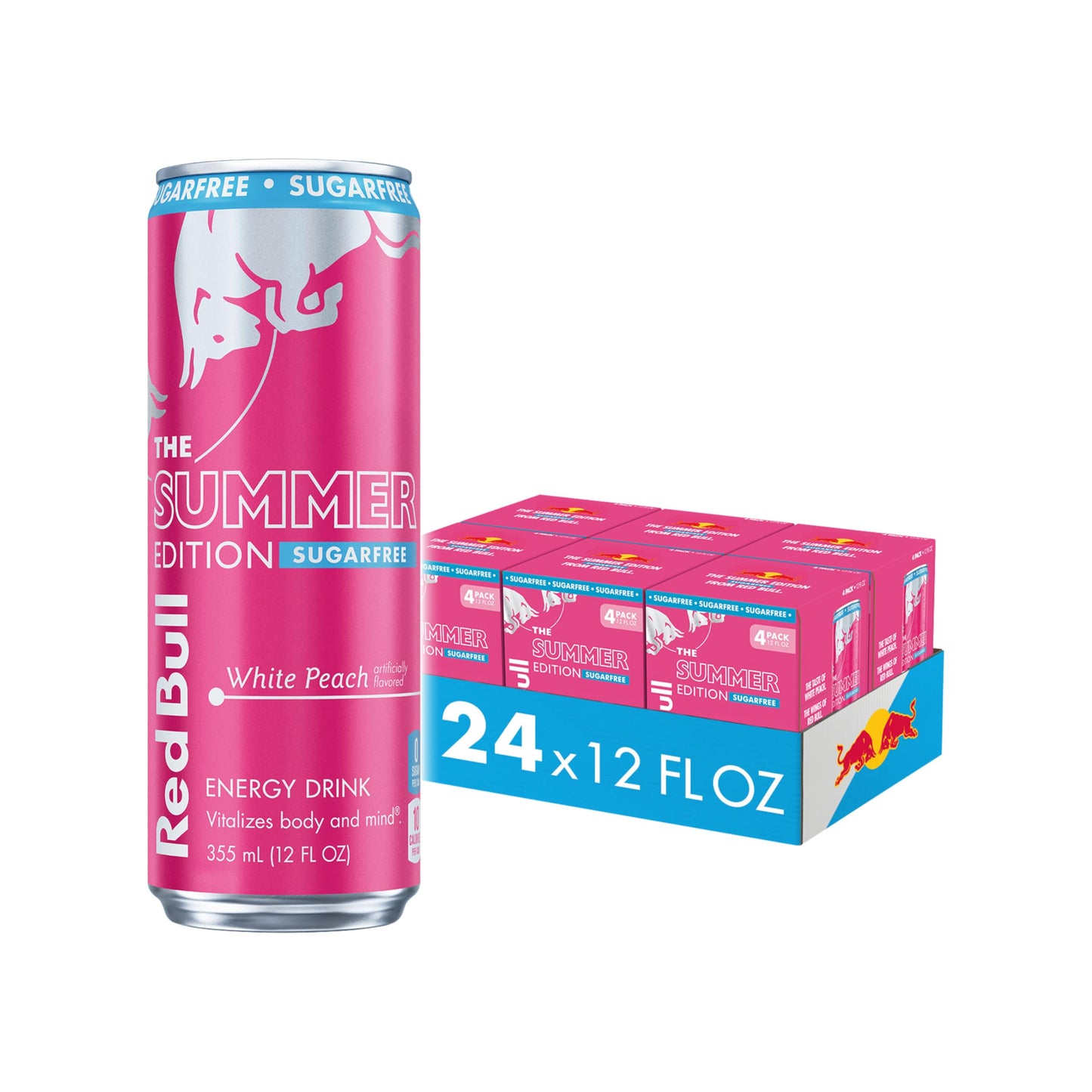 Red Bull Sugar-Free Energy Drink, White Peach, 12 Fl Oz, Pack of 24 (6 Packs of 4 Cans)