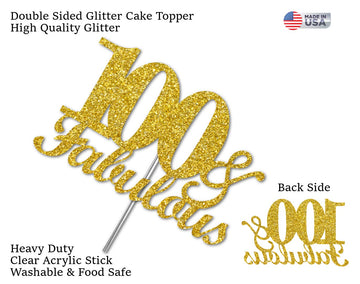 100 & Fabulous Cake Topper Gold Glitter, 100Th Birthday Party Decoration Ideas, Premium Quality, Sturdy Doubled Sided Glitter, A