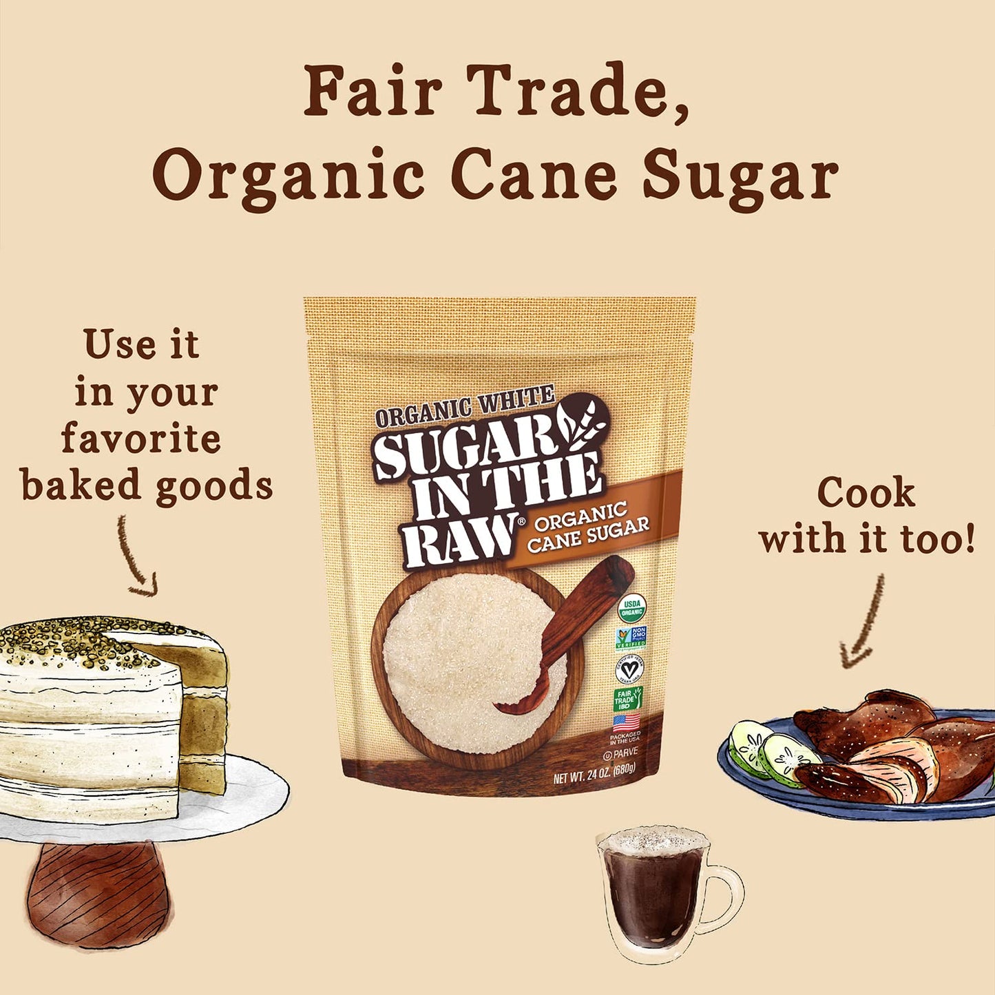 Sugar In The Raw Organic Granulated White Premium Cane Sugar, No Erythritol, Pure Natural Sweetener, Hot & Cold Drinks, Coffee,