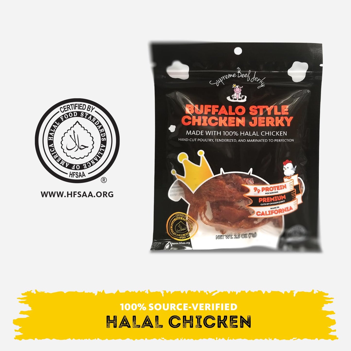 Supreme Beef Jerky, Halal Chicken Jerky, Zabiha Halal Certified Jerky, Handcrafted Gourmet Meat Snacks, 2.5 Oz Buffalo Style Chi