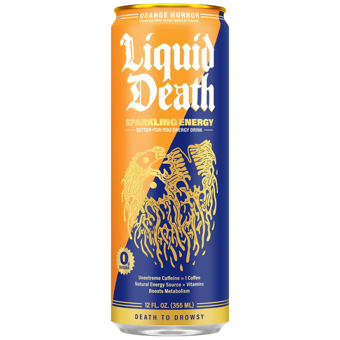 Liquid Death Sparkling Energy - Orange Horror (Orange and Cream Flavor)  Sugar-Free Energy Drink  Unextreme Caffeine 100mg  B Vitamins  12 Fl Oz (Pack of 12)