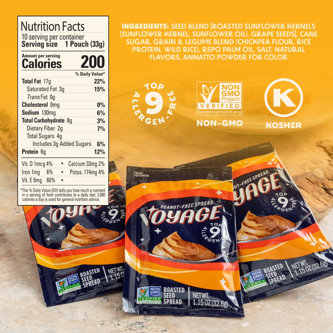 Voyage Foods Peanut Butter Alternative Roasted Seed Butter, Nut Free, Top 9 Allergen Free, Single Serve Packet, Kids Snacks, Hig
