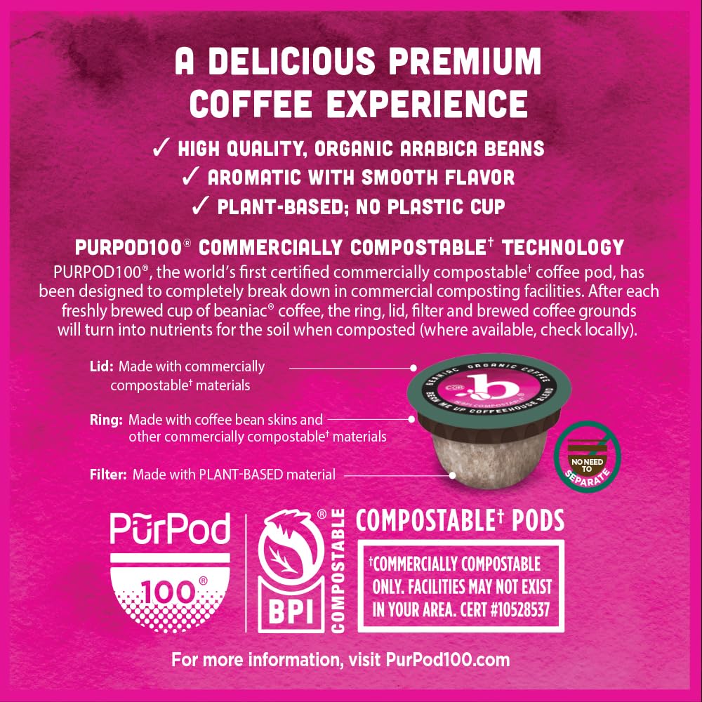 beaniac Organic Bean Me Up Medium Roast Coffee K Cup Pods, 30 Compostable Pods, Rainforest Alliance Certified