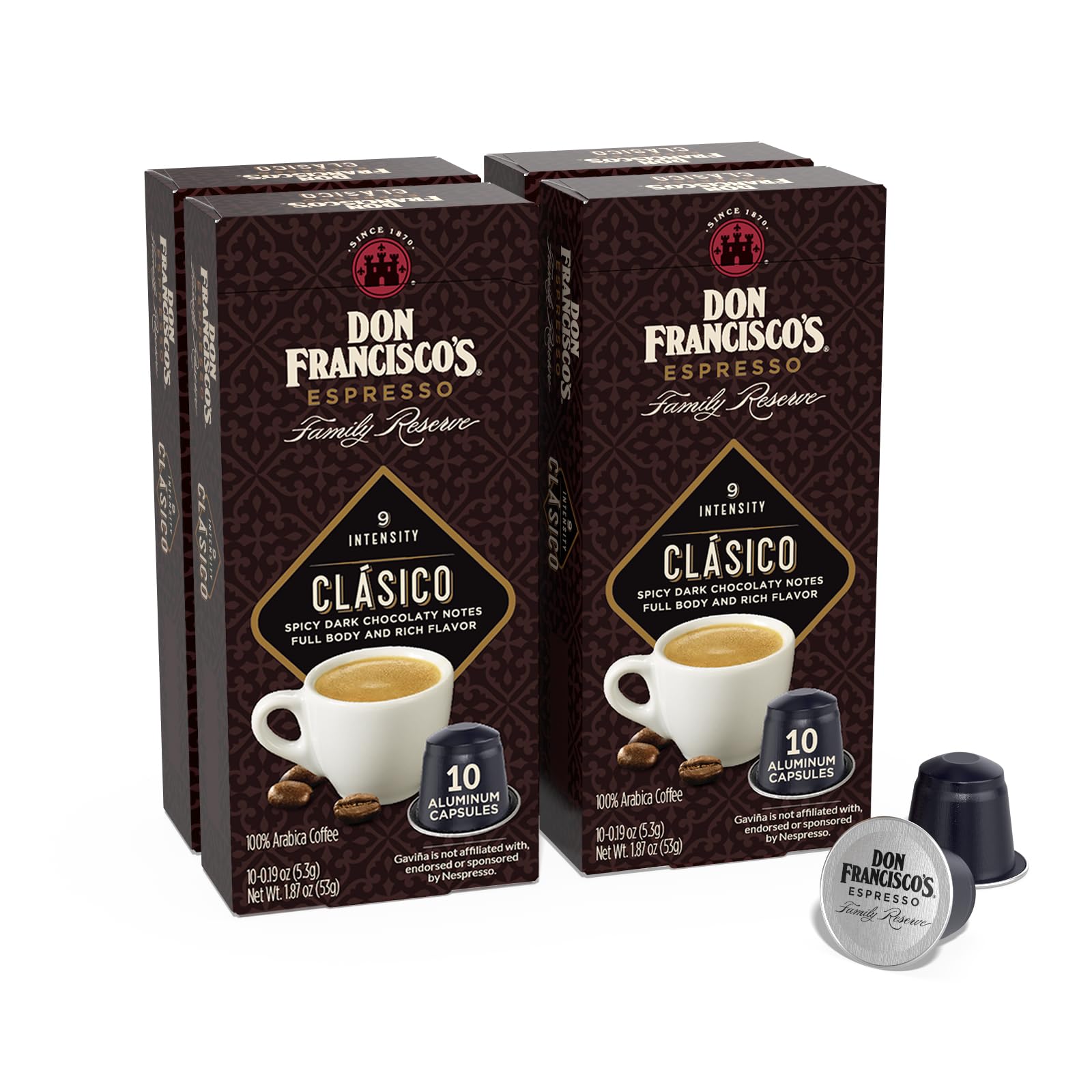 Don Franciscos Espresso Pods - 40 Recyclable Aluminum Capsules, Intensity 9 Dark Roast, Compatible with Nespresso, Coffee, Pack of 4