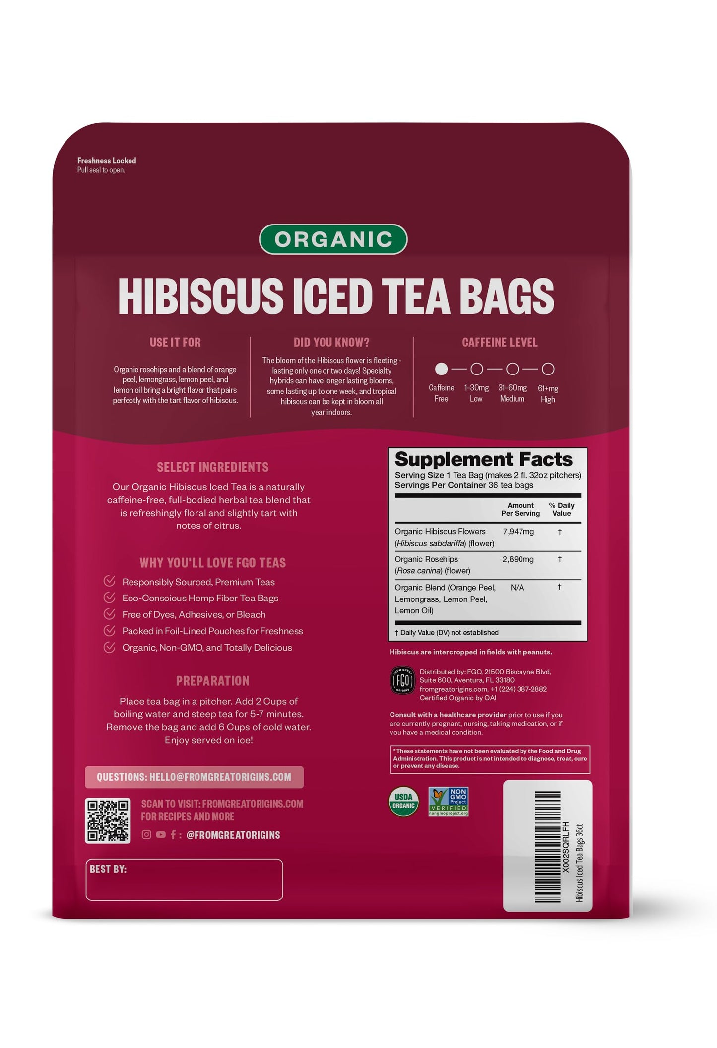 FGO Organic Hibiscus Iced Tea Bags - Eco-Conscious Kraft Bag, 36 Pitcher Bags