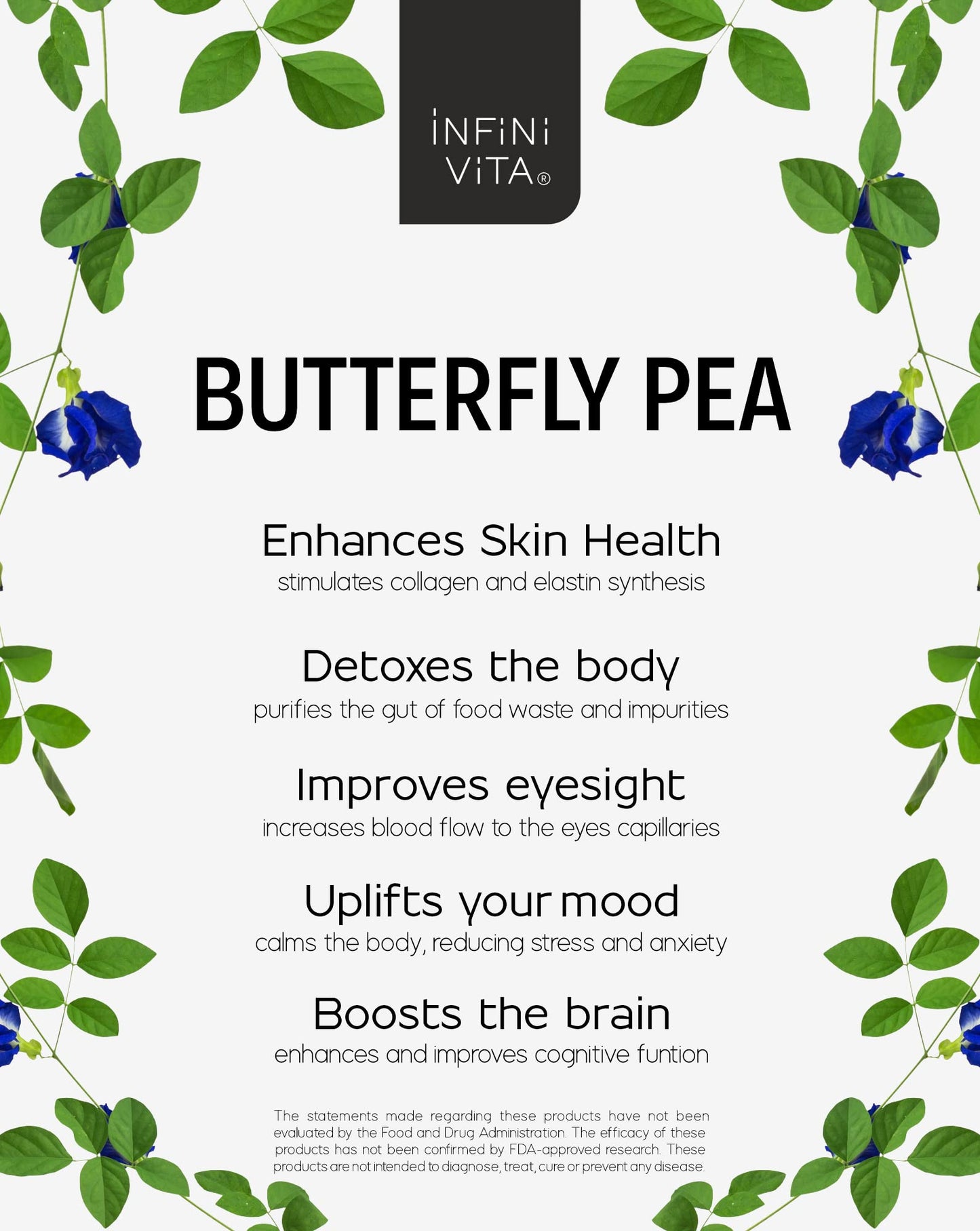 Infini Vita Dried Butterfly Pea Flower Tea 56G (2 Oz) - 100% Organic Blue Tea, Pure, Non-Gmo, Gluten Free - Natural Focus, Energ