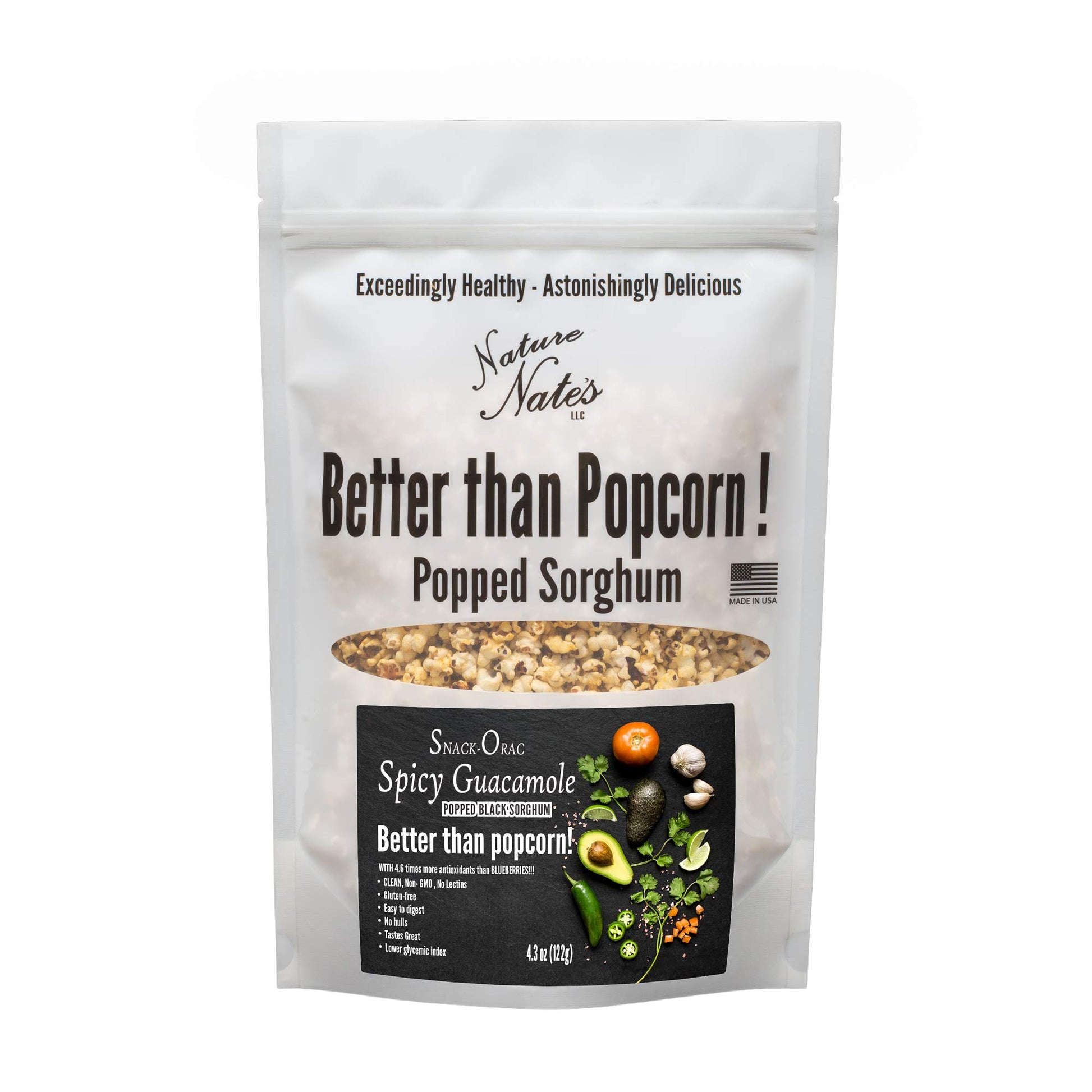 Nature Nates Popped Black Sorghum, Popcorn Alternative, Snack-Orac Spicy Guacamole - Keto & Gluten Free, Healthy Snacks, Better 