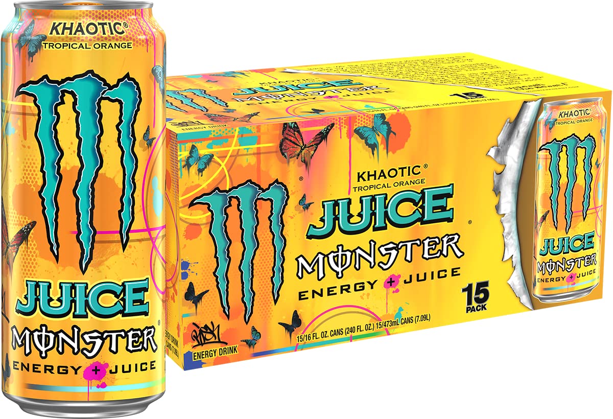 Monster Energy Juice Monster Khaotic Tropical Orange, Energy + Juice, Energy Drink, 16 Ounce (Pack Of 15)