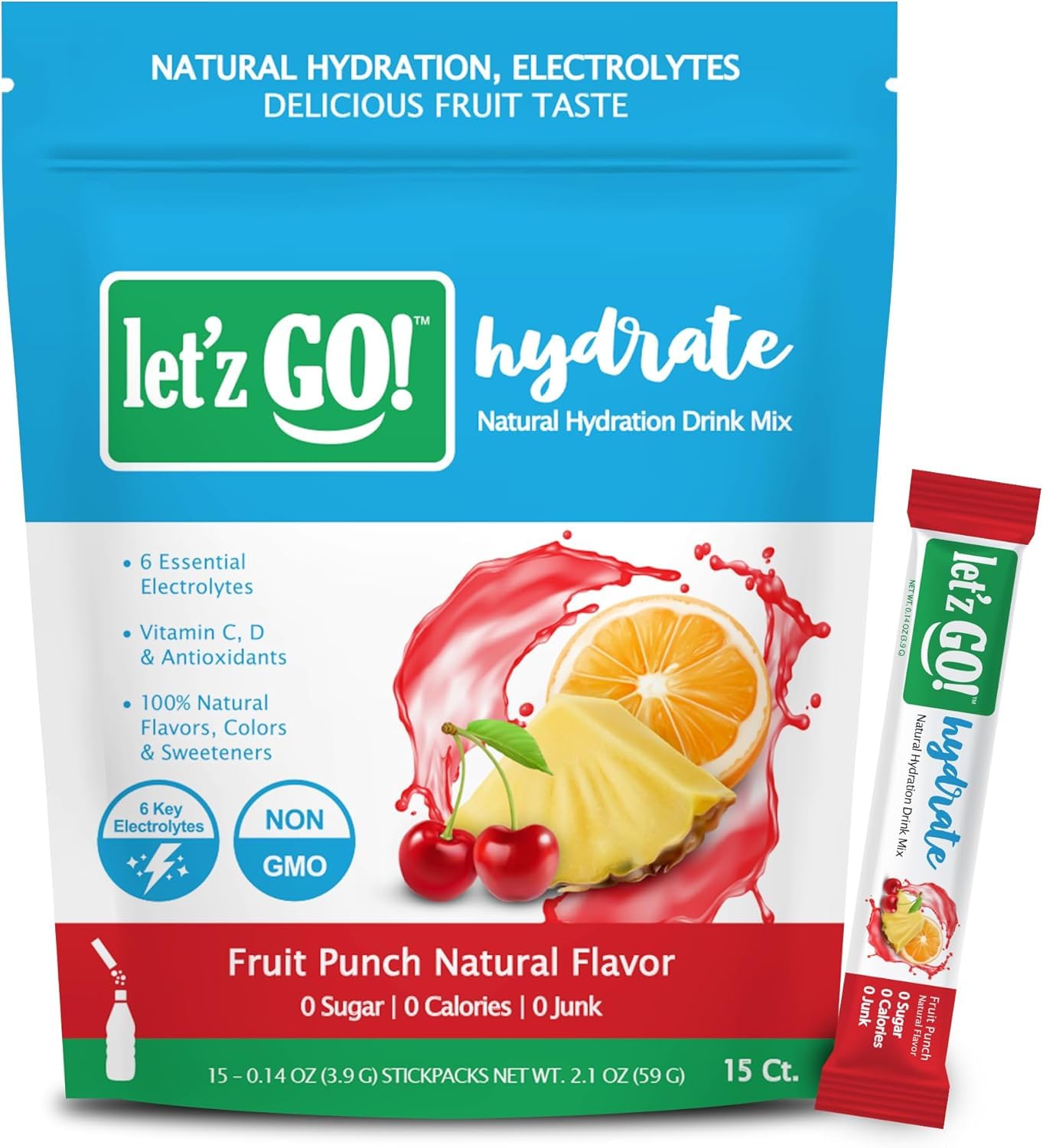Letz Go! Hydration Drink Mix, Electrolytes & Antioxidants, Fruit Punch Flavor, 15 Pack, No Sugar, No Calories