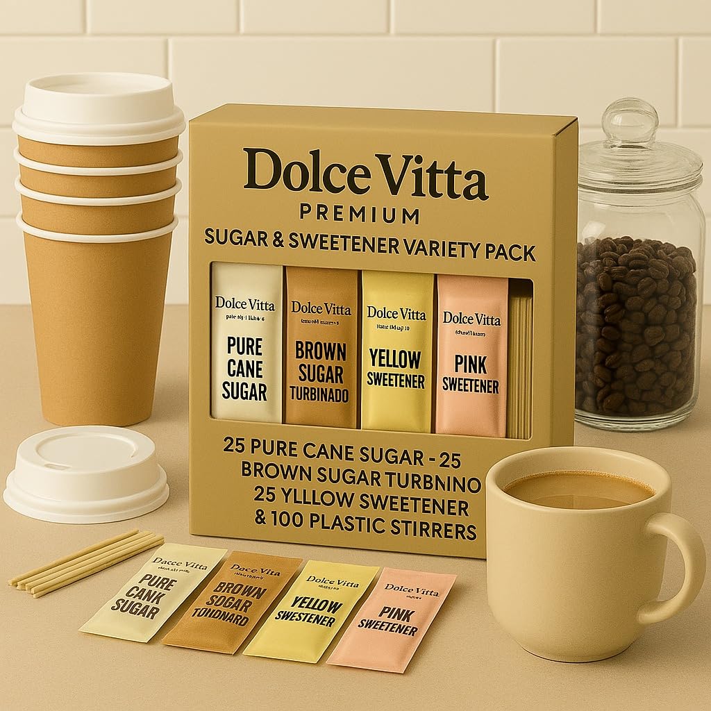 POGALIGHT Sugar and Sweeteners Variety Pack - 25 Pure Cane, 25 Brown, 25 Yellow, 25 Pink Sweeteners, 200 Count