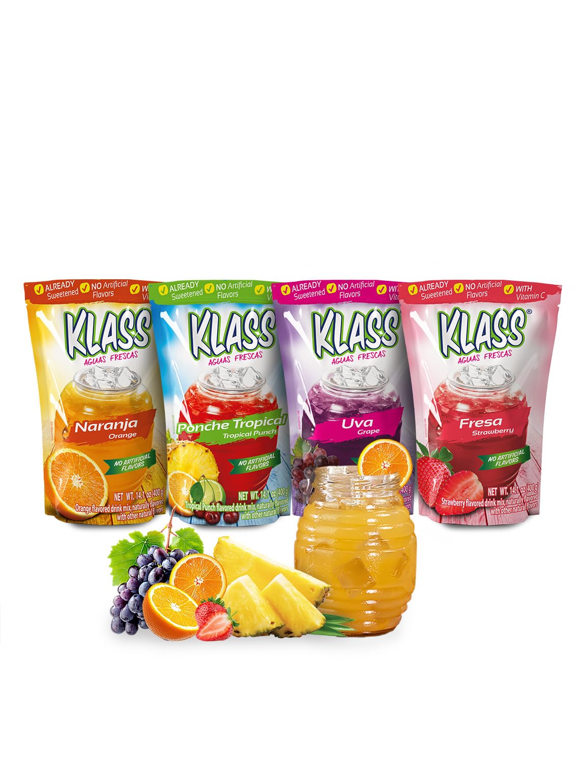 Klass Aguas Frescas Drink Mix Tropical Variety Pack; Strawberry, Grape, Tropical Punch & Orange, Natural Flavors, With Vitamin C