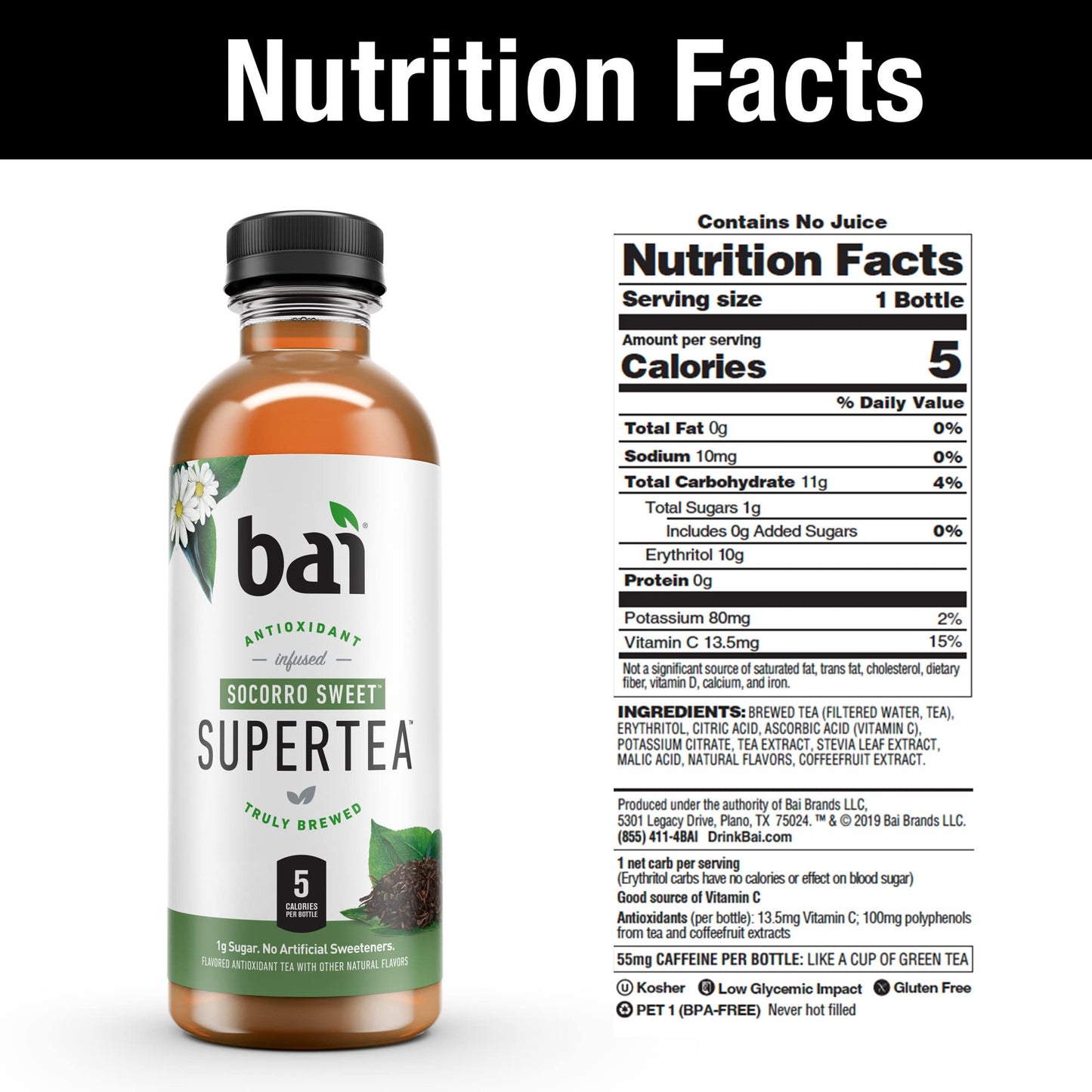 Bai Iced Tea Socorro Sweet, Antioxidant Infused Supertea, 18 Fl Oz Bottles, 12 Count