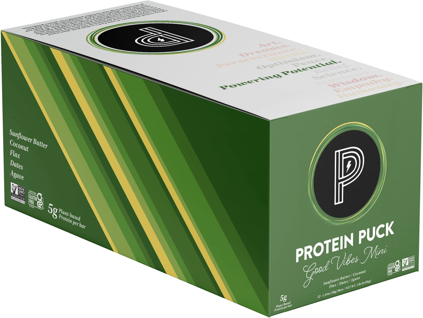 Protein Puck Vegan Plant Based Protein Bar – Natural Healthy Snack Bars, 12 Count, 1.34Oz Mini, Gluten Free, Dairy Free, No Gmo, Kosher – Good Vibes - Coconut, Almonds, Dates, Sport Nutrition