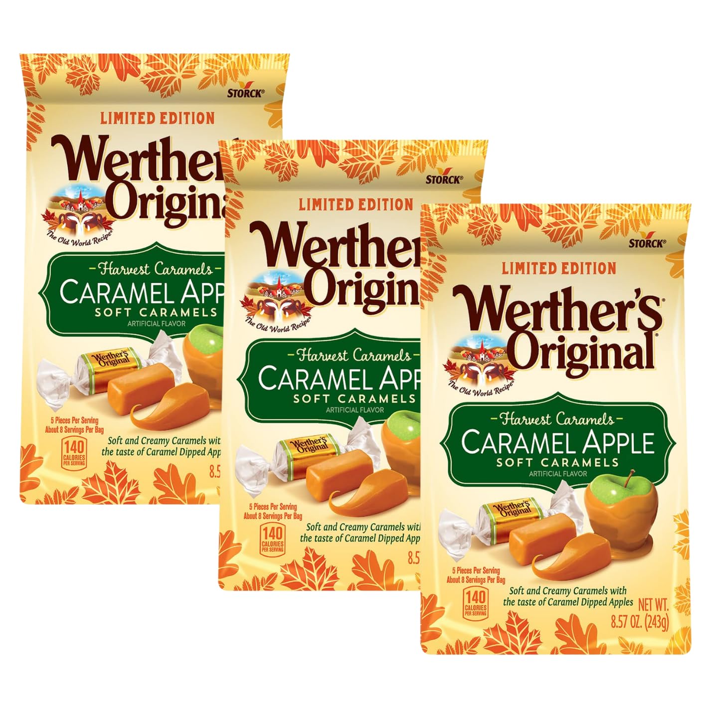 Werther's Original Harvest Caramel Apple Filled Soft Candy - Soft and Creamy, Individually Wrapped, Perfect for Sharing, Old Wor