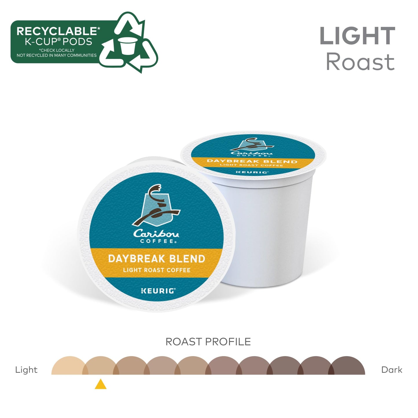 Caribou Coffee Daybreak Blend K-Cup Pods, Light Roast Coffee, 60 Count (Pack of 6), White