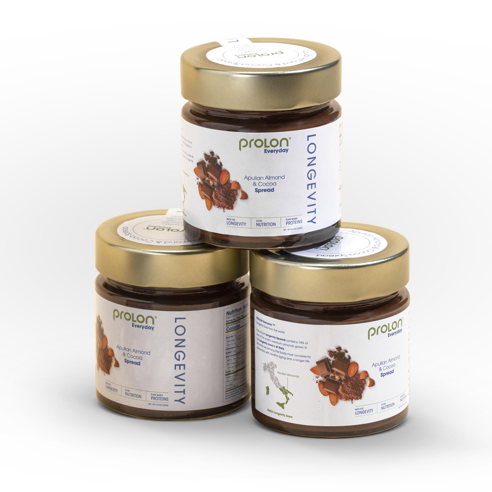 Prolon L-Spread Almond Chocolate Spread | Healthy Low Sugar Keto Snack | Magnesium, Vitamin E, Fiber, Calcium | Gluten-Free, Vegan, Dairy-Free | Plant-Based W/Cane Sugar, & Healthy Fats, 3 Jars