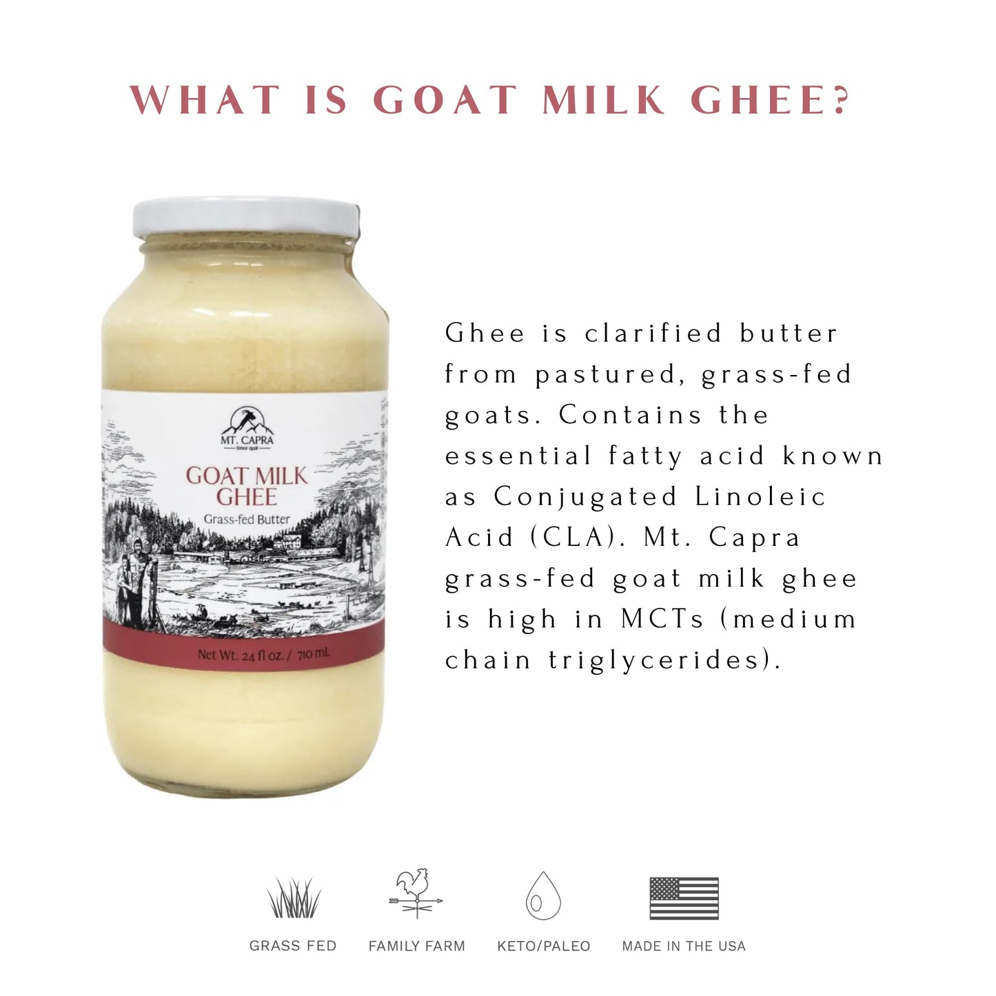 Mt. Capra Goat Milk Ghee | Grass-Fed Clarified Butter High in MCT Oil Perfect for Bulletproof Coffee, Keto, Paleo, and Whole 30