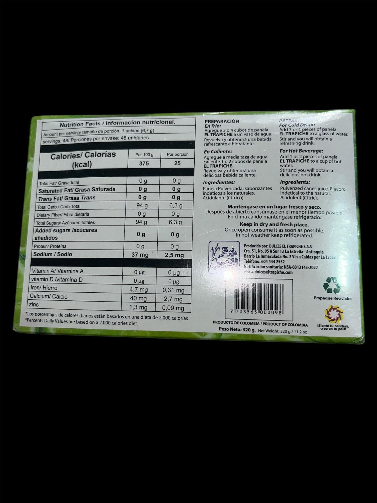PANELA en cubos Instant  nea saborizada 48 cubos peso neto 320g para tomar en forma de TE, importada de Colombia (LIMON)