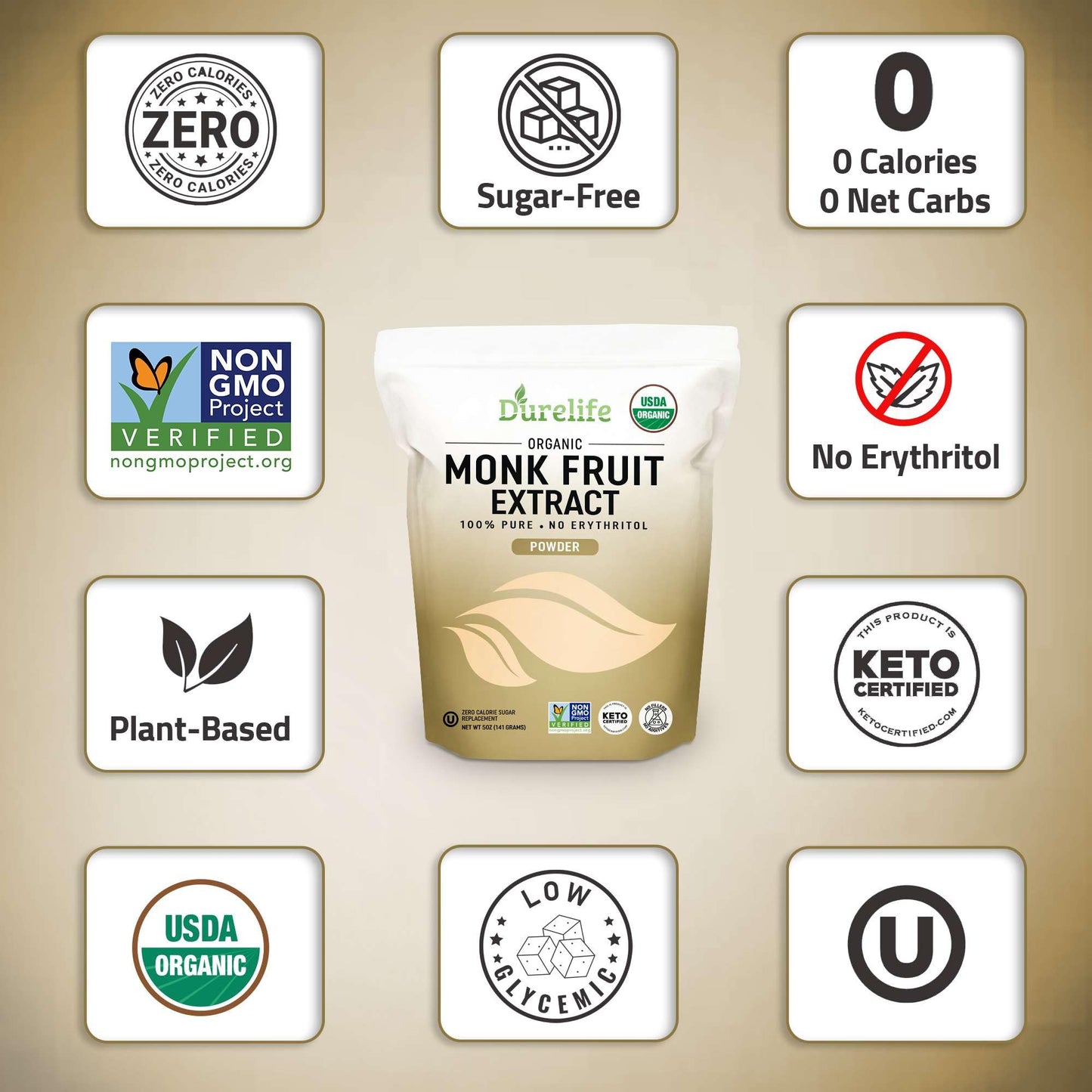 Durelife Organic 100% Pure Monk Fruit Sweetener, No Erythritol, Monkfruit Extract Powder, Usda Organic Non-Gmo Project Verified, Keto Certified Ou Kosher No Fillers Zero Calorie Sugar Substitute 10 Oz