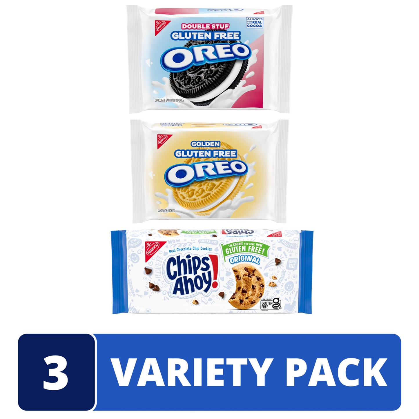 Oreo And Chips Ahoy! Gluten Free Cookies Variety Pack, Oreo Double Stuf, Oreo Golden, Chips Ahoy! Chocolate Chip Cookies, 3 Pack