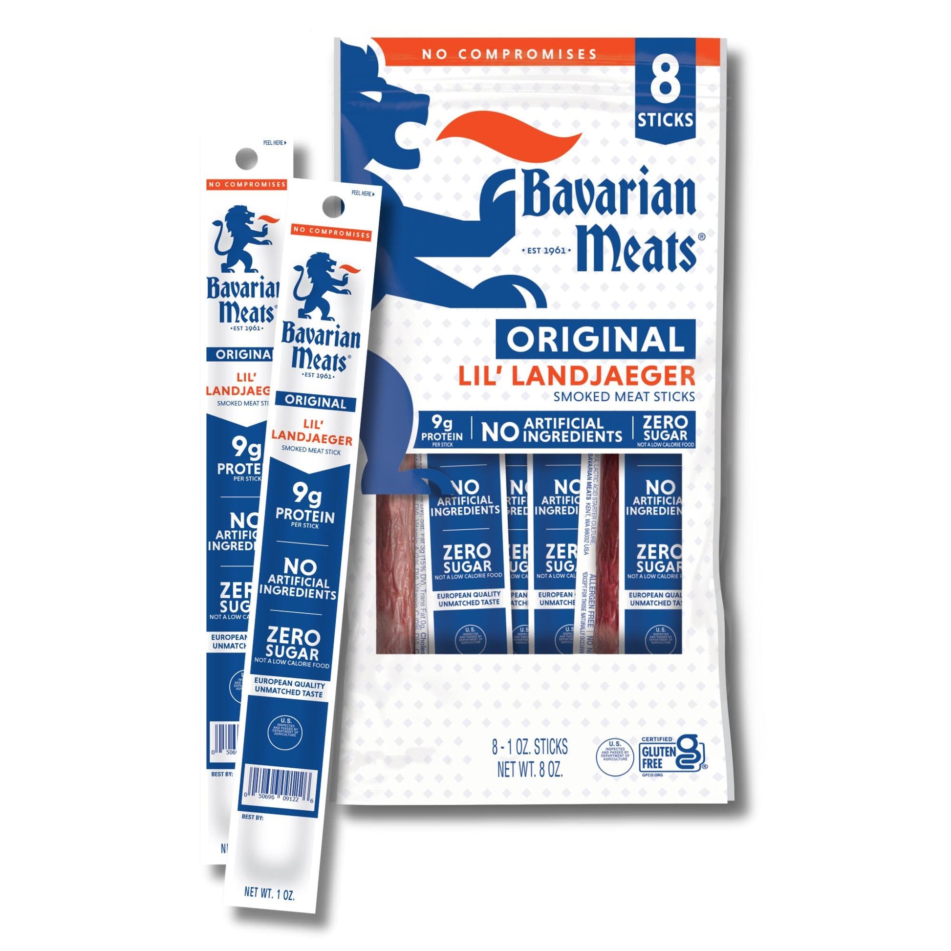 European-Stylen Meats Lil Landjaeger Meat Sticks  Individually Wrapped Rich Flavor Sausage Snacks  Zero Sugar  Great Source Of Protein  Gluten Free  Keto Friendly Low Carb Snack  1 Ounce (Pack Of 8)