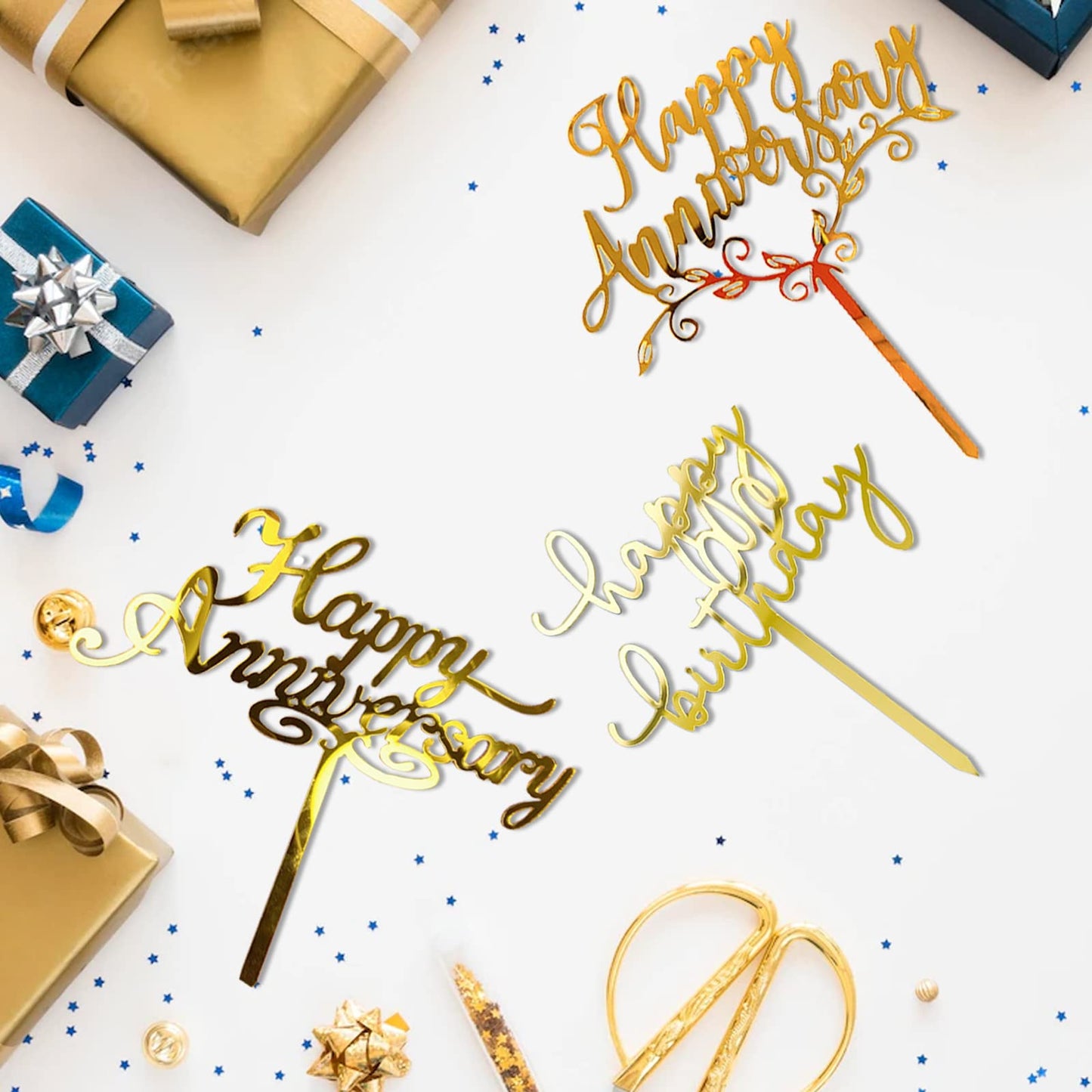 8 Pack Happy Anniversary Cake Topper, Gold Sliver Wedding Anniversary Acrylic Cake Toppers, Happy Anniversary Party Decorating S