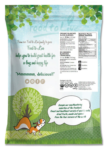 Food to Live Organic Blanched Sliced Almonds, Non-GMO, Unsalted, Vegan, 8 Pounds