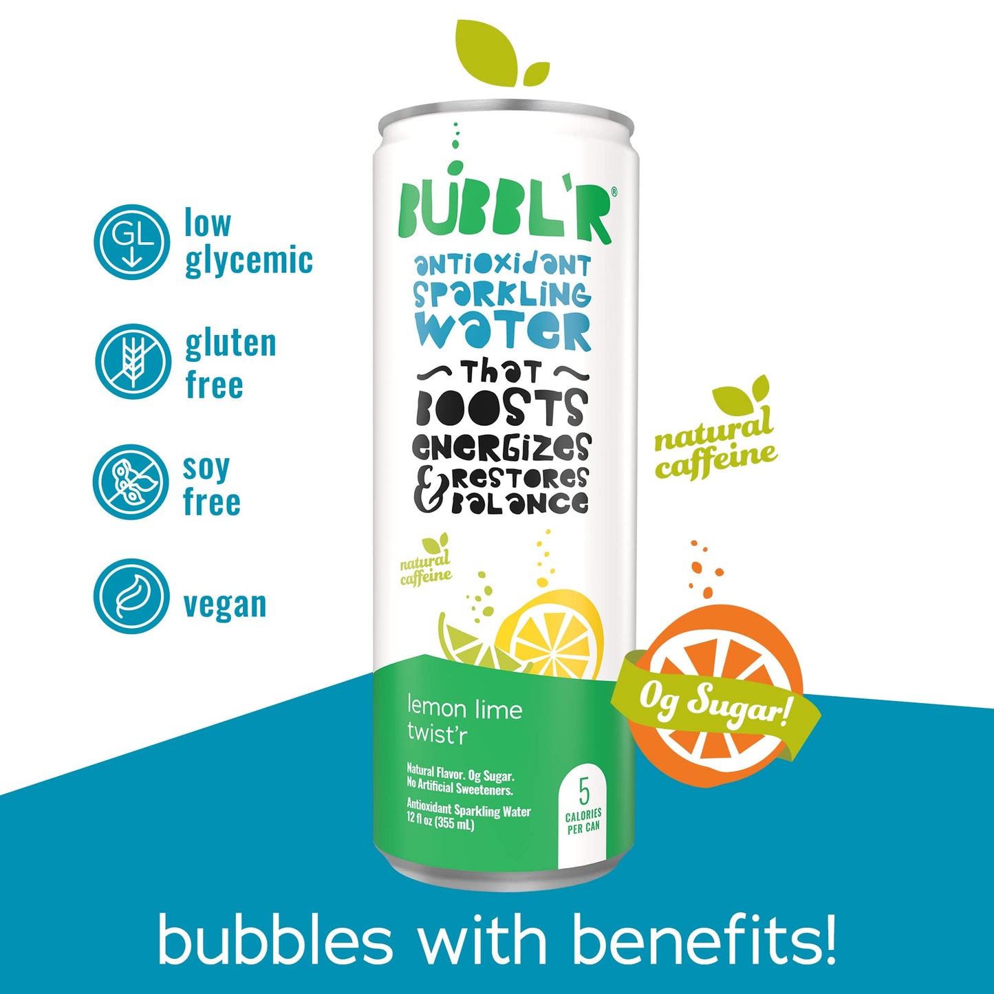 Bubblr Antioxidant Sparkling Water, Lemon Lime Twistr, 12 Fl Oz Cans, 12 Count, 0g Sugar, Gluten Free, All Natural Flavors