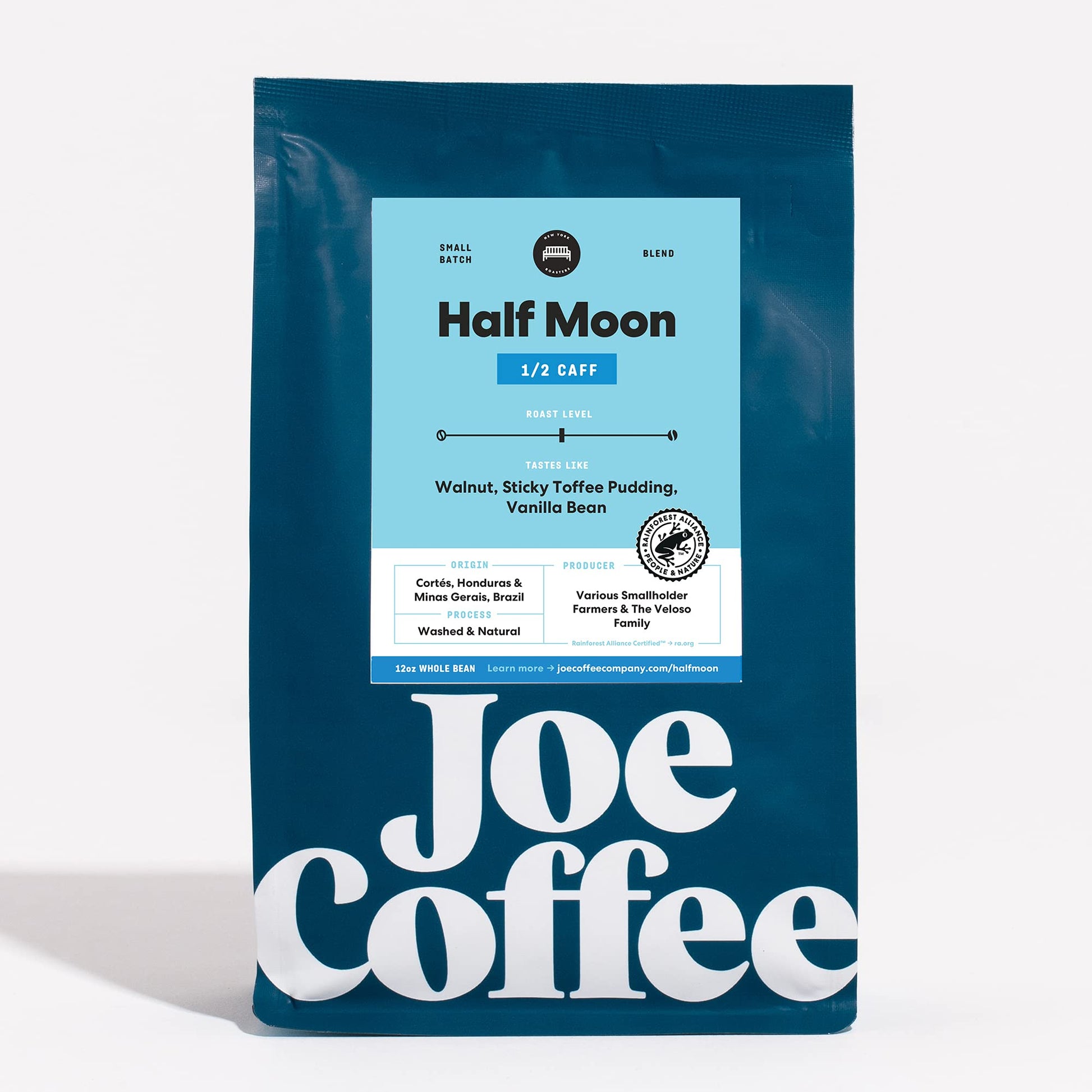 JOE COFFEE COMPANY Half Decaf Half Regular Coffee Beans, Medium Roast, Whole Bean, 12 oz Bag