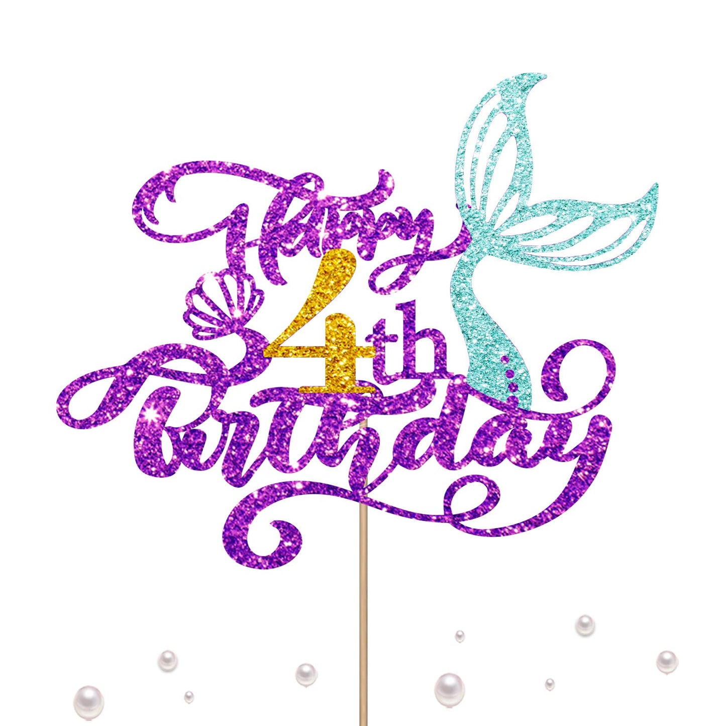 Mermaid 4 Cake Topper, Happy 4Th Birthday Cake Decor For Baby Girl, Little Mermaid 4Th Birthday Party Decoration, Under The Sea