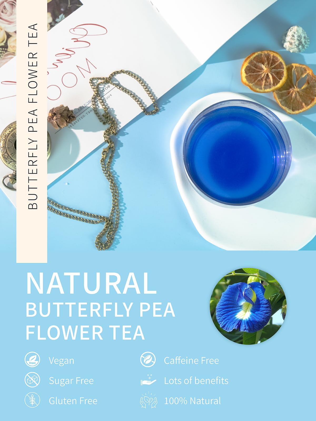 TeeLux Butterfly Pea Flower Powder - Natural Tea for Blue & Purple Drinks - 7oz/200g