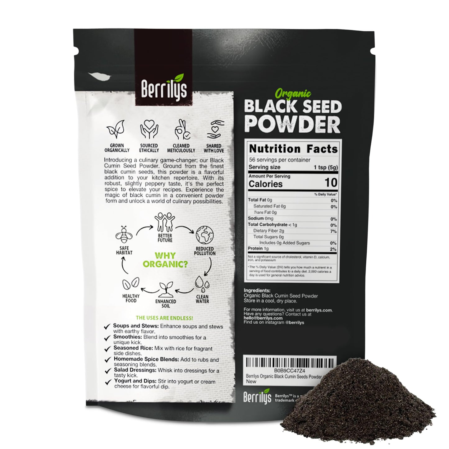 Berrilys Organic Black Seed Powder - Nigella Sativa, Ground Kalonji, Black Cumin for Baking, Bread Making, Cooking, Smoothies, C