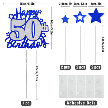 Happy 50Th Birthday Cake Topper, Blue And Silver Glitter Cake Toppers, 50 Year Birthday Party Cake Decoration