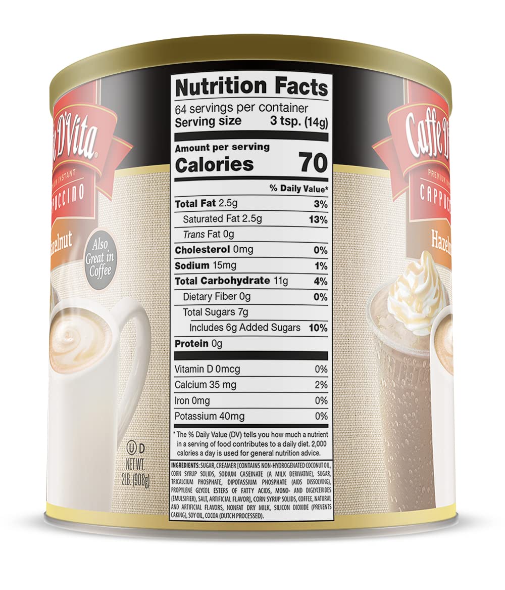 Caffe Dvita Hazelnut Cappuccino Mix - Instant Coffee Powder Mix, Gluten Free, No Cholesterol, No Hydrogenated Oils, No Trans Fat, 99% Caffeine Free - 2 Lb Can