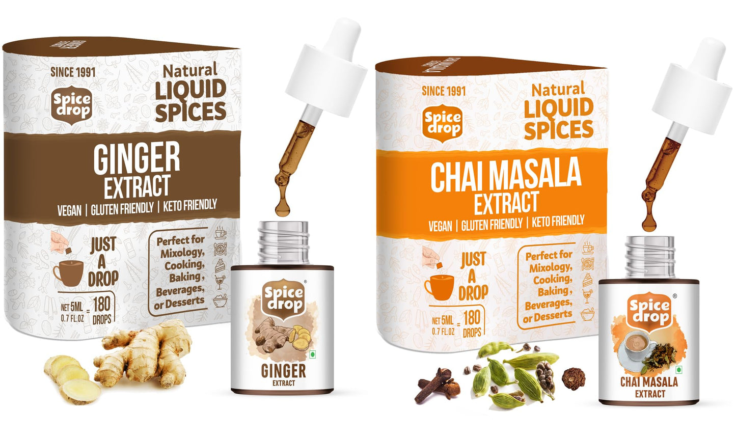 Spice Drop Spicy Tea Combo ( Natural Extract of Ginger and Chai Masala ), 10ml, For Beverages and Dessert