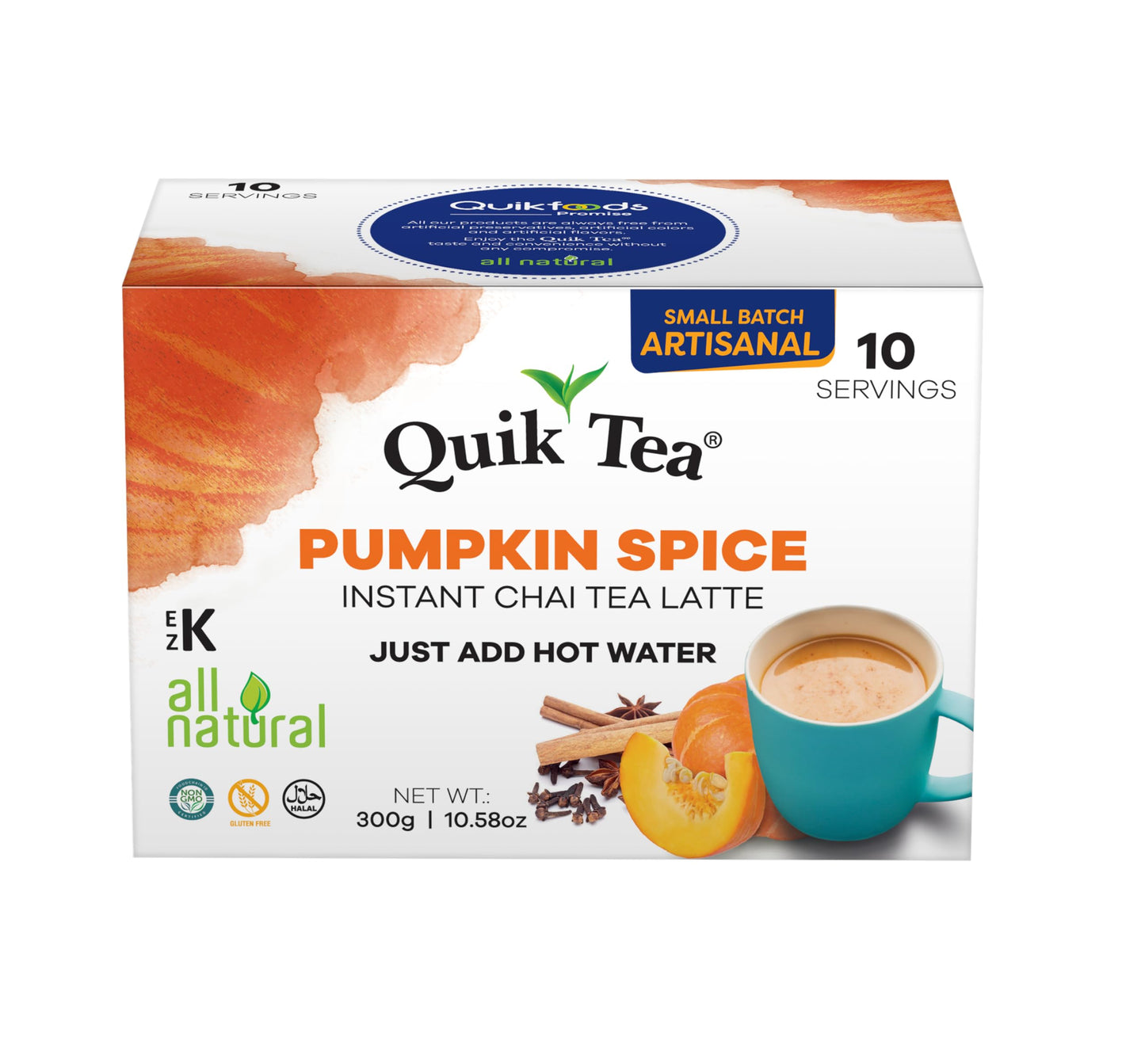 Quiktea Pumpkin Spice Chai Tea Latte - 10 Count  Bold Pumpkin Spice Flavor  Naturally Energy Blend-Light  No Preservatives  No Sugar Added - Just Add Hot Water
