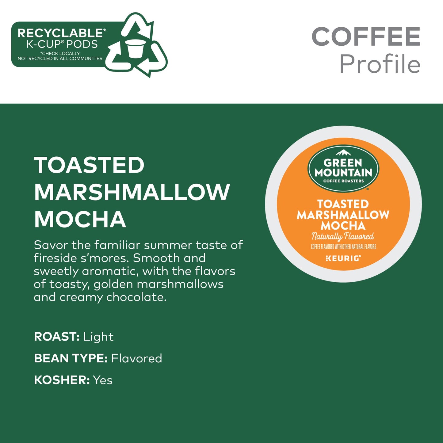 Green Mountain Coffee Roasters Toasted Marshmallow Mocha, Single-Serve Keurig K-Cup Pods, Flavored Light Roast Coffee, 72 Count
