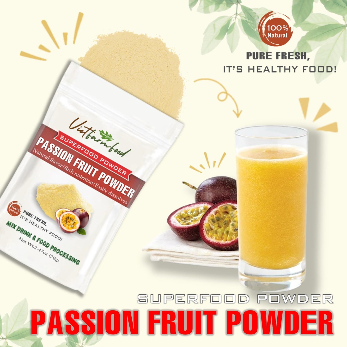 Passion Fruit Powder 2.47 Oz (70G) Vietfarmfood: Freeze-Dried Extracted From 100% Pure, Sugar-Free. Used To Mix Mixed Drinks Fre